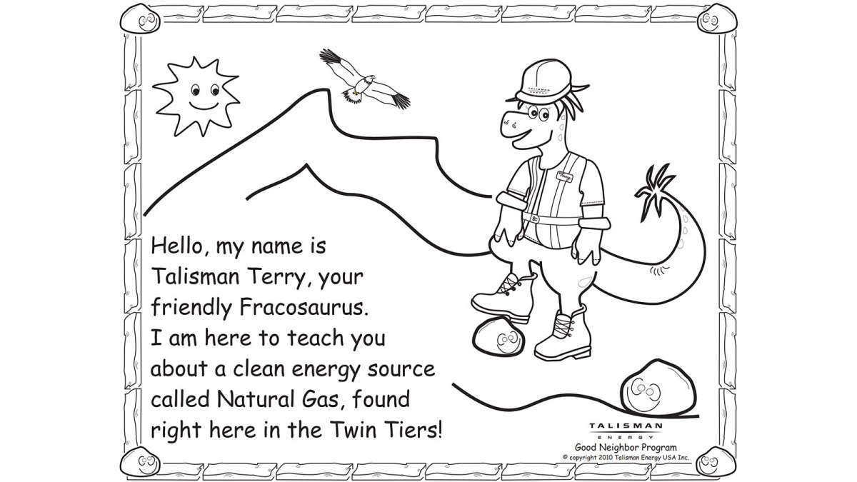 A coloring book page of "Talisman Terry, the friendly Fracosaurus", which is a dinosaur that enjoys fracking apparently