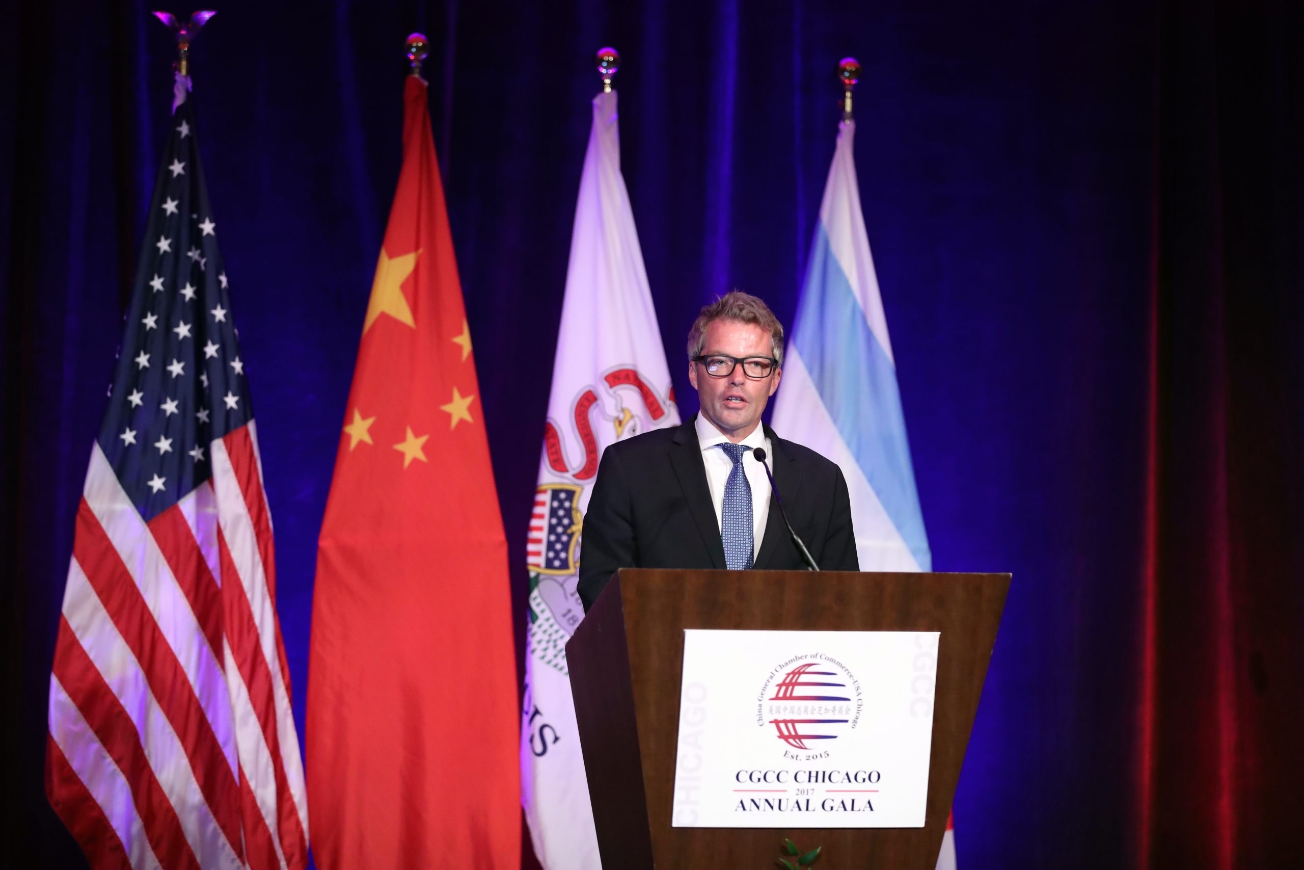 Senior White House Commercial Advisor Eric Branstad addresses the China General Chamber of Commerce in Chicago, on June 29, 2017.