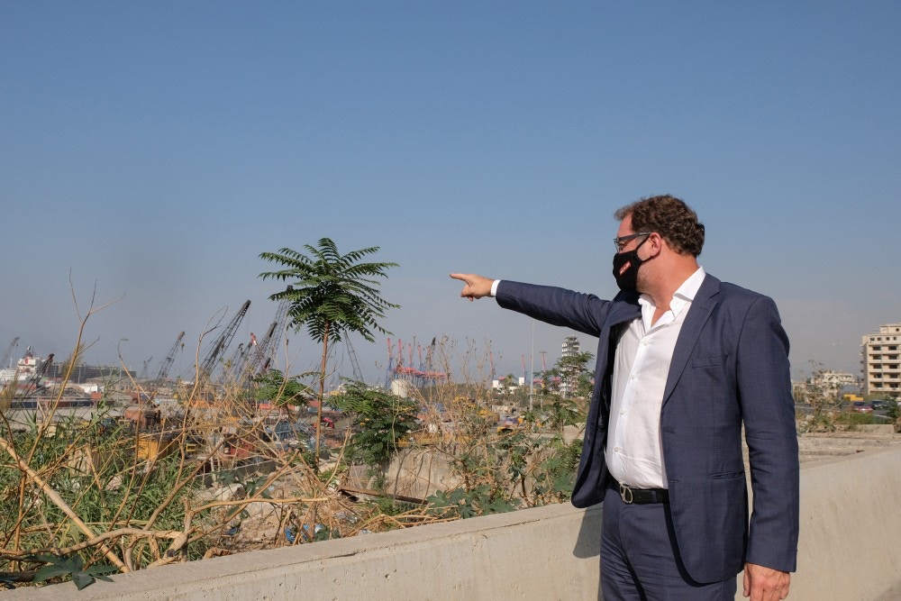 Ralph Nader the general secretary for the group “I Am The Red Line,” standing in front of the Beirut Port explosion.