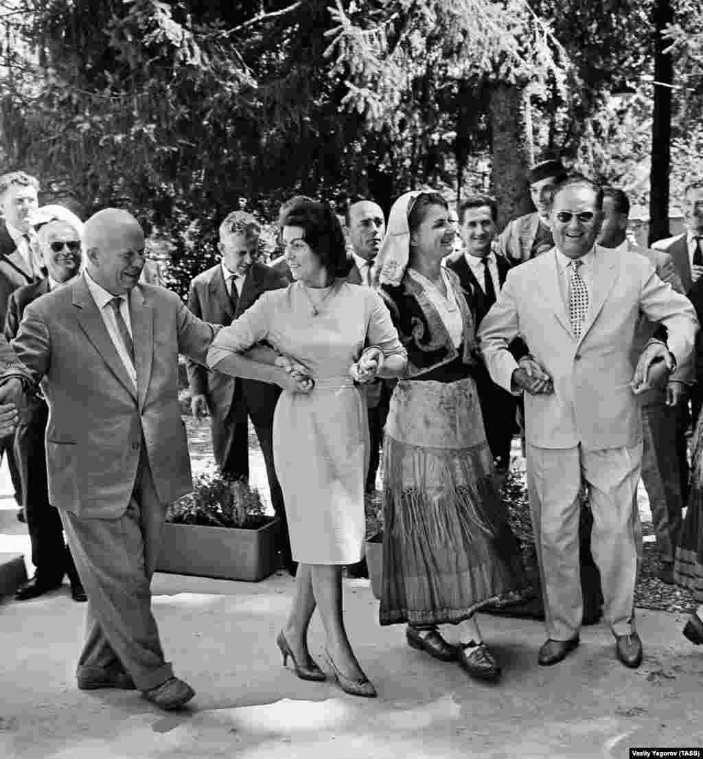 Soviet leader Nikita Khrushchev (left) and Tito (right) dance with locals in Cetinje, Montenegro, in 1963. Yugoslavia at the time was about to receive hundreds of millions of dollars in loans from both Western countries and the Soviet Union. The massive loans would provide a noticeable but short-lived jump in the quality of life in Yugoslavia. &nbsp;