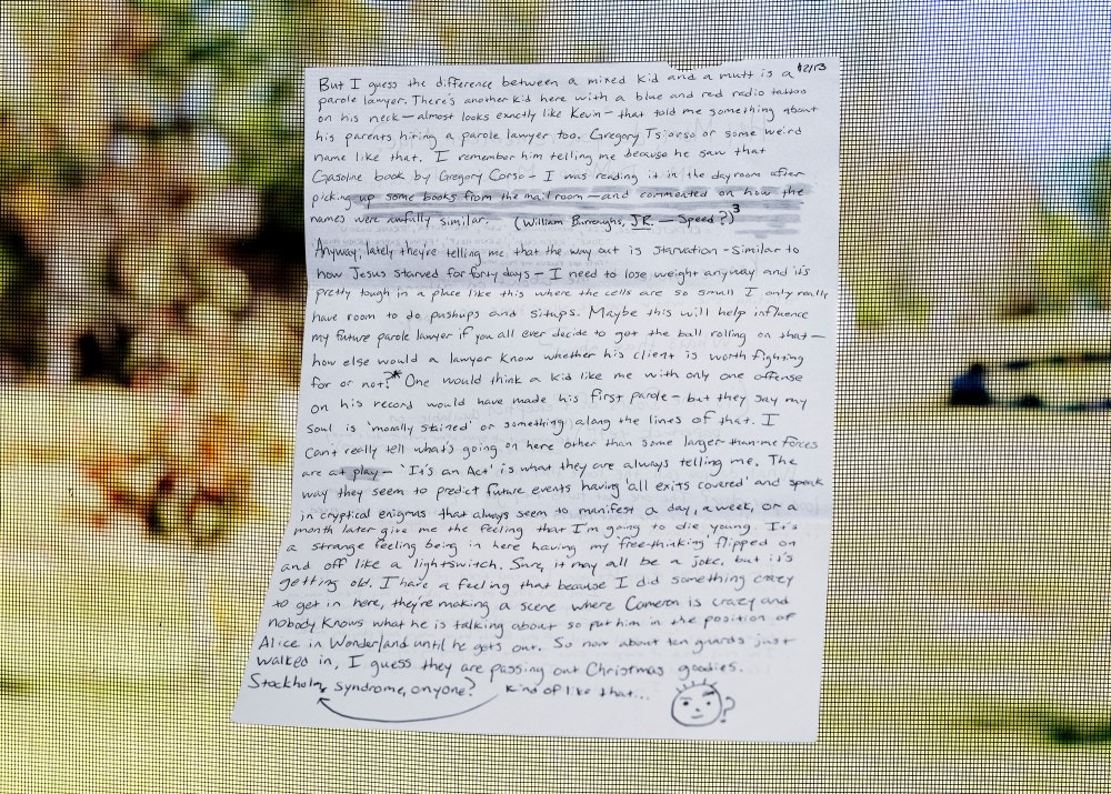 A letter sent by Cameron Davis to his mother, Michelle Durden, from prison in Texas. Photograph taken in Jacksonville, North Carolina on November 16, 2020.