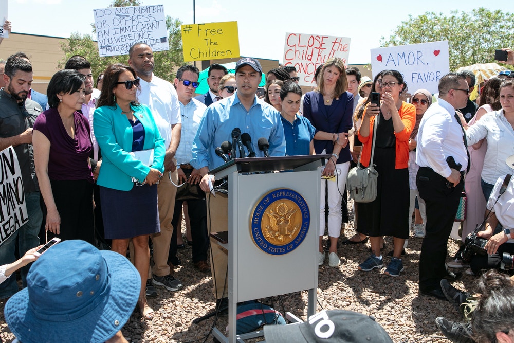 CLINT, TX - JULY 01: Rep. Joaquin Castro (D-TX) addresses the media after touring the Clint, TX Border Patrol Facility housing  children on July 1, 2019 in Clint, Texas. Reports of inhumane conditions have plagued the facility where migrant children are being held. (Photo by Christ Chavez/Getty Images)