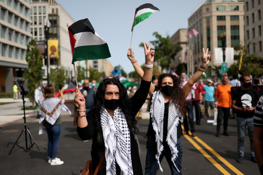 Protesters from multiple Palestinian rights organizations demonstrate outside the White House on September 15, 2020 in Washington, DC.