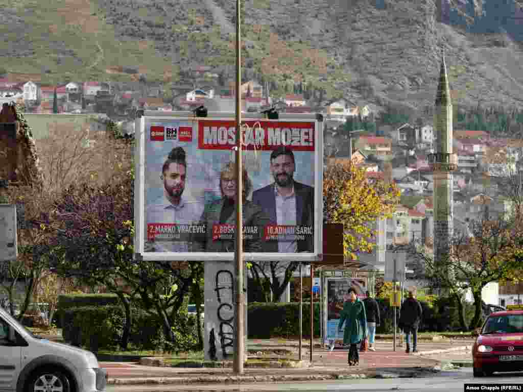 A political poster for upcoming elections in Mostar&rsquo;s city center. &nbsp; Mostar is due to hold municipal elections on December 20 after more than 12 years of political impasse that left the city without a functioning local council. &nbsp;