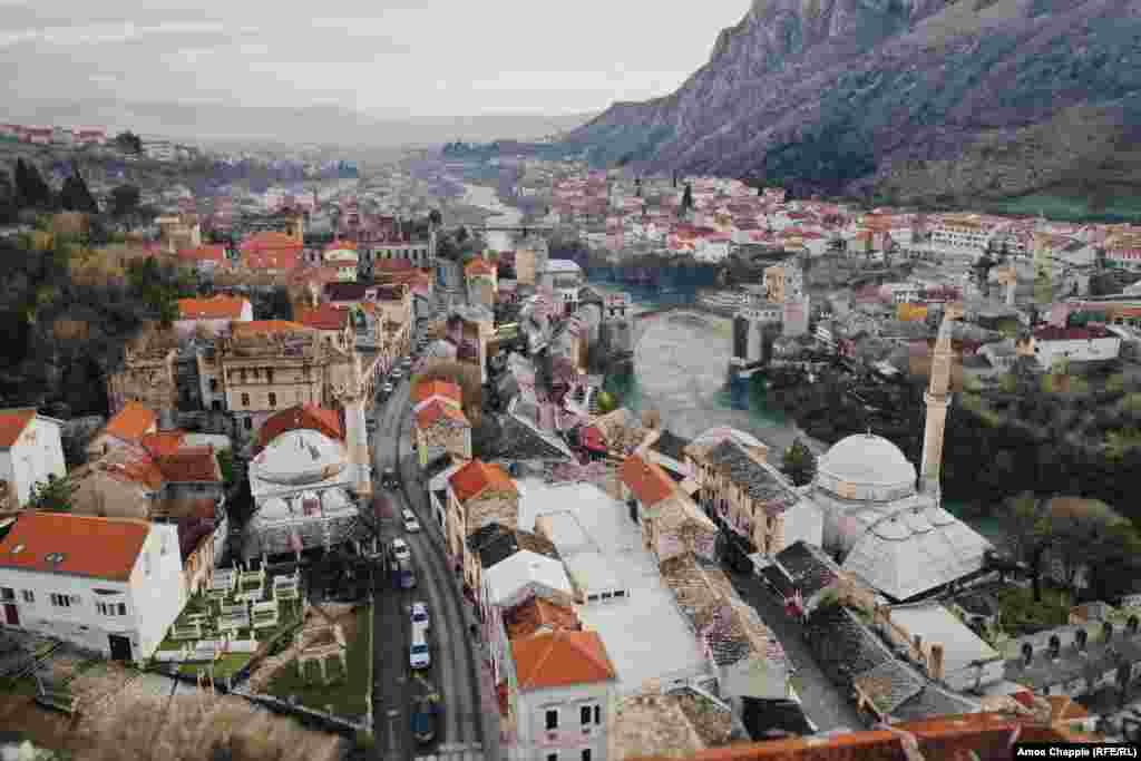 This is Mostar, a city in southern Bosnia famous for its stone bridge (center right) across the Neretva River. &nbsp; &nbsp;