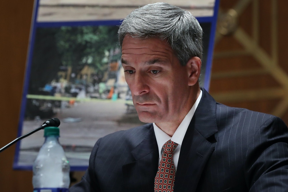 WASHINGTON, DC - AUGUST 04: Acting Deputy Secretary of Homeland Security Ken Cuccinelli testifies before the Senate Judiciary Committee's Subcommittee on the Constitution about "anarchist violence" in the Dirksen Senate Office Building on Capitol Hill August 04, 2020 in Washington, DC.  Against the wishes of state and local authorities, the Department of Homeland Security sent additional federal law enforcement officers to Portland, Oregon, at the beginning of July to protect the federal courthouse there from attack by violent protesters. Actions by those he heavily militarized agents are under investigation after several incidents of possible abuse during those anti-racism demonstrations. (Photo by Chip Somodevilla/Getty Images)