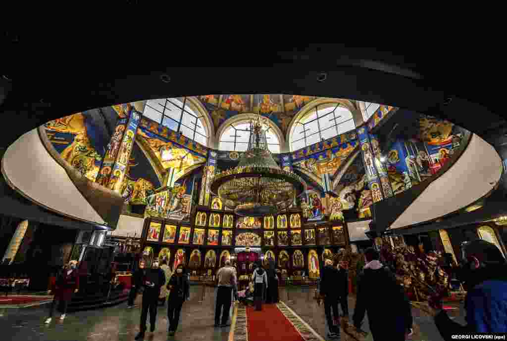 Macedonian Orthodox believers at the Church of St. Clement of Ohrid in Skopje.&nbsp;