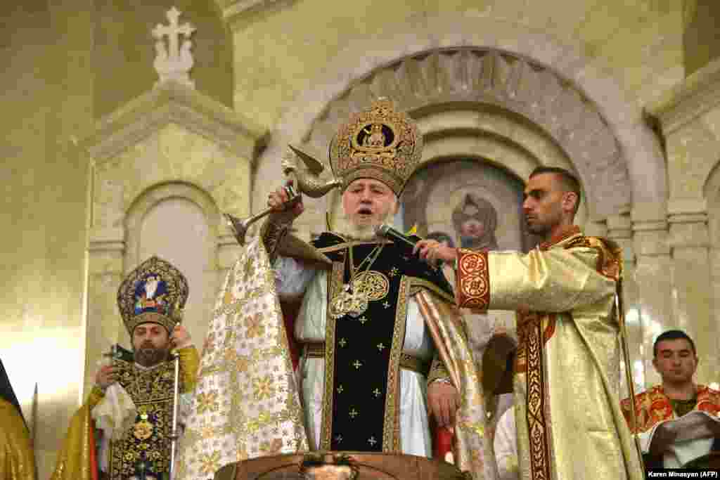 Garegin II, the head of the Armenian Apostolic Church, leads a religious service on Orthodox Christmas Eve on January 6. The service was not attended by Armenian Prime Minister Nikol Pashinian, as Garegin has called for his resignation because of his handling of the recent war in Nagorno-Karabakh.&nbsp;