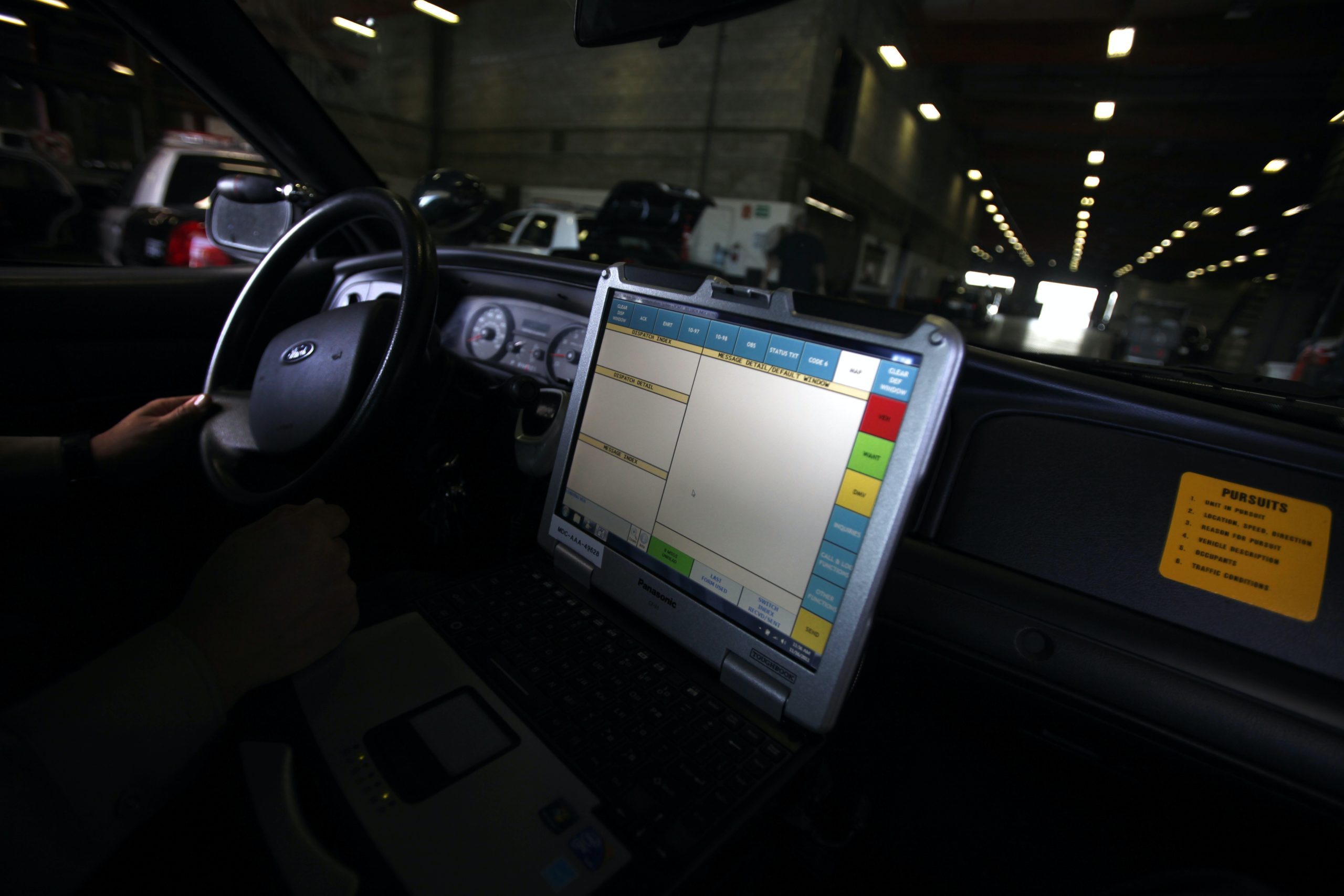 Starting this month, one of the nation's major military contractors is outfitting Los Angeles County Sheriff Dept.'s patrol cars with sophisticated computer systems and hi?tech gadgetry that the company perfected for the battlefield. The installation is taking place at the Sybil Brand Institute. All the vehicles will be outfitted with Panasonic Toughbook laptop computers.  (Photo by Michael Robinson Chavez/Los Angeles Times via Getty Images)