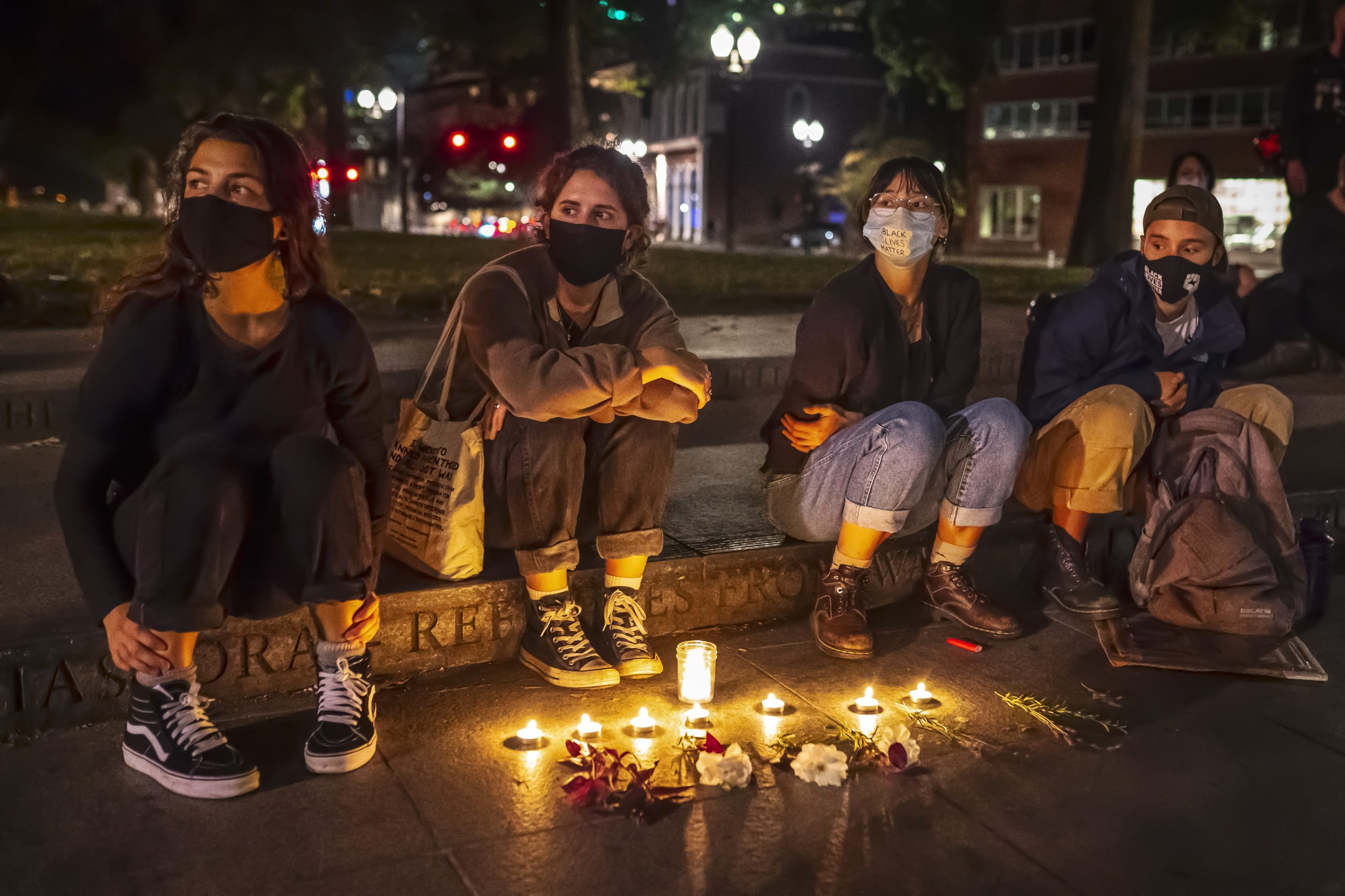 PORTLAND, OR - OCTOBER 3: Activists listen to a speaker during a protest calling for the abolition of the U.S. Immigration and Customs Enforcement agency on October 3, 2020 in Portland, Oregon. A week of peaceful demonstrations pushed Portland toward 130 days of protests against police violence and racial injustice. (Photo by Nathan Howard/Getty Images)